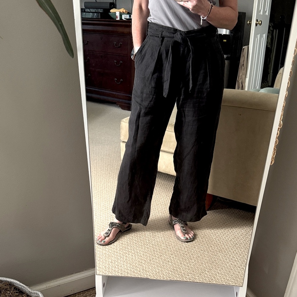 Nicole Miller Tie Waist Black Wide Leg Cropped Linen Pants XS